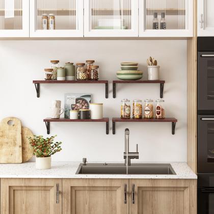 Imagem de Prateleiras flutuantes YGEOMER Walnut Red Brown para parede (conjunto de 4)