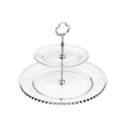 Imagem de Prato duplo 32 cm para doces de cristal transparente com suporte de metal Pearl Wolff -  35212
