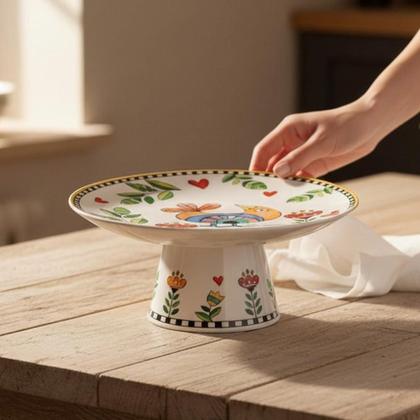 Imagem de Prato para Bolo com Pé em Porcelana Egan Italy Cocorico Amarelo 19,3cm: Energia e Brilho para Servir