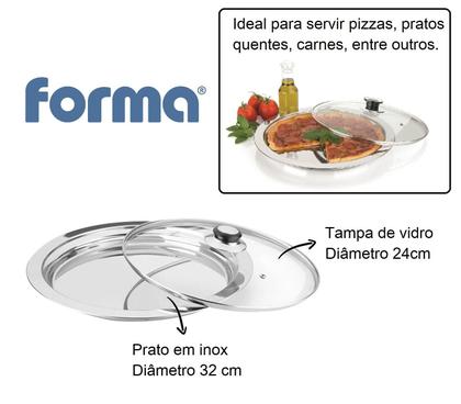 Imagem de Prato Para Servir Pizza Aço Inox Com Tampa De Vidro Multiuso Mesa Redondo Travessa Forma