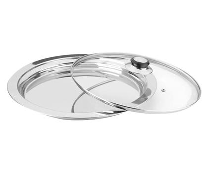 Imagem de Prato Para Servir Pizza Aço Inox Com Tampa De Vidro Multiuso Mesa Redondo Travessa Forma