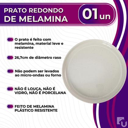 Imagem de Prato Raso Redondo com Borda Reta de Melamina Areia Branca 26,7cm Leve Resistente - Gourmet Mix