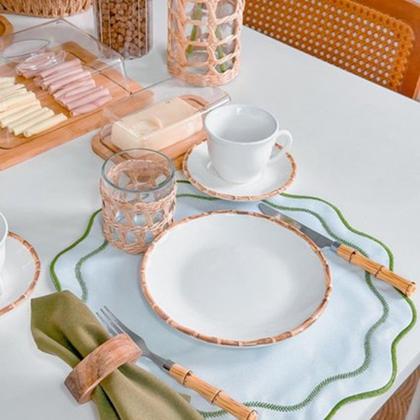 Imagem de Prato Sobremesa de Cerâmica Branco Borda de Bambu Grossa 20cm Flat Scalla