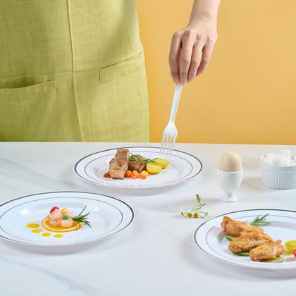 Imagem de Pratos de plástico JOLLY CHEF 25,4 cm, 100 peças, borda prateada, branca