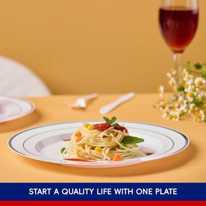 Imagem de Pratos de plástico JOLLY CHEF 25,4 cm, 100 peças, borda prateada, branca