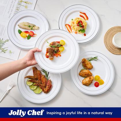 Imagem de Pratos de plástico JOLLY CHEF 25,4 cm, 100 peças, borda prateada, branca
