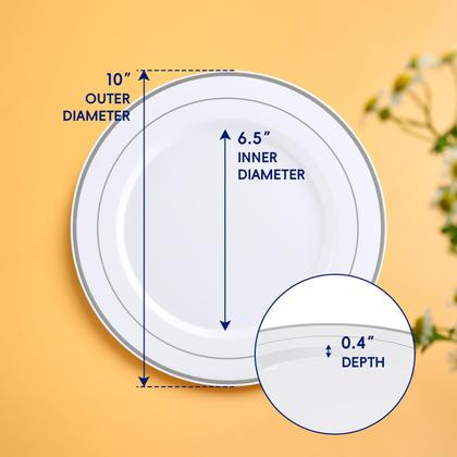 Imagem de Pratos de plástico JOLLY CHEF 25,4 cm, 100 peças, borda prateada, branca