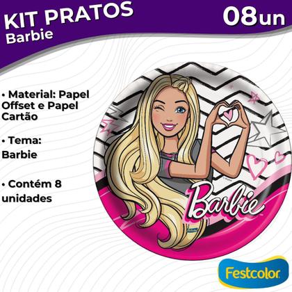 Imagem de Pratos Descartáveis de Papel para Aniversário Comemoração - Barbie - 8 Unidades - Festcolor