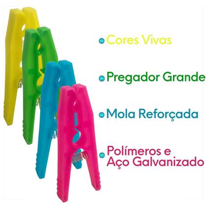 Imagem de Pregador de Roupa Grande Plástico Reforçado  Kit 12 Peças