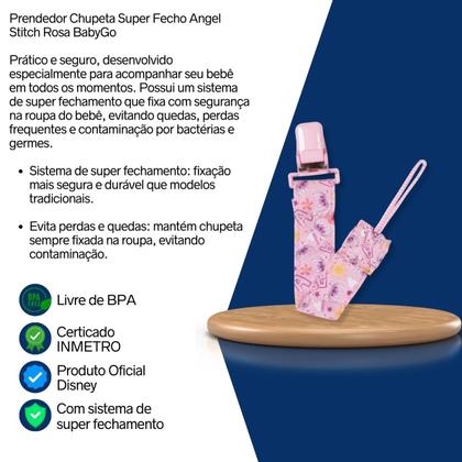Imagem de Prendedor Chupeta Super Fecho Angel Stitch Rosa BabyGo