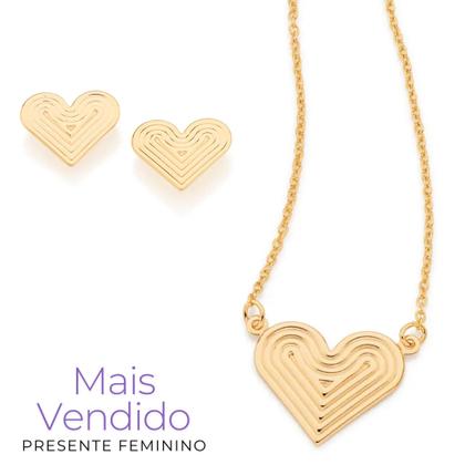 Imagem de Presente Feminino Dia Das Mães Colar + Brincos Coração Trabalhado Banhados A Ouro 18k