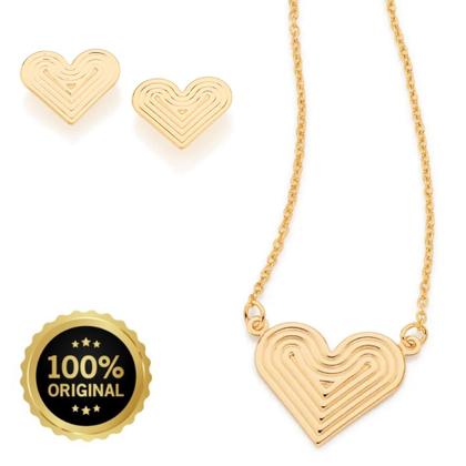 Imagem de Presente Feminino Dia Das Mães Colar + Brincos Coração Trabalhado Banhados A Ouro 18k