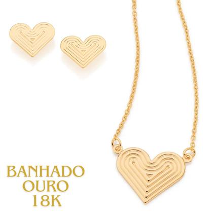 Imagem de Presente Feminino Dia Das Mães Colar + Brincos Coração Trabalhado Banhados A Ouro 18k