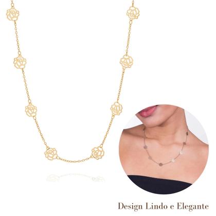 Imagem de Presente Feminino Rommanel Kit Colar + Brincos Rosas Vazadas Banhado Ouro 18k