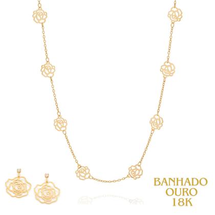 Imagem de Presente Feminino Rommanel Kit Colar + Brincos Rosas Vazadas Banhado Ouro 18k