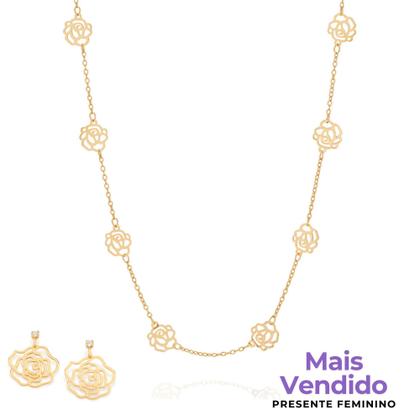 Imagem de Presente Feminino Rommanel Kit Colar + Brincos Rosas Vazadas Banhado Ouro 18k