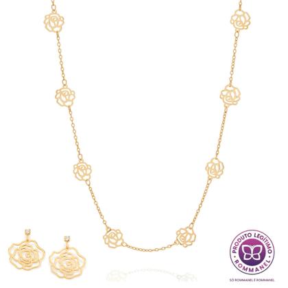 Imagem de Presente Feminino Rommanel Kit Colar + Brincos Rosas Vazadas Banhado Ouro 18k