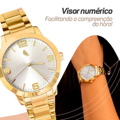 Imagem de Presente namorada: Relogio feminino dourado social casual banhado 18k + pulseira estilo luxo festa eventos + caixa exclusiva