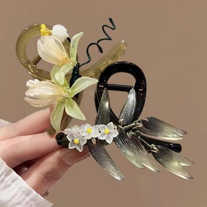 Imagem de Presilha De Cabelo Elegante Estilo Chinês Com Flores Para Mulheres: Magnólia, Folha De Bambu E Flor