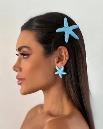 Imagem de Presilha de Cabelo Estrela do Mar colorida Bico de Pato Aço Inox Tic Tac Pingente grande Estrelas Resina Moda Praia