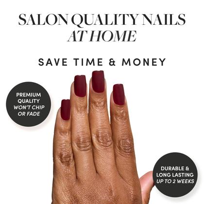 Imagem de Press On Nails Glamnetic Cherry Mocha com acabamento brilhante em vermelho escuro