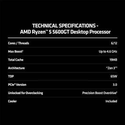 Imagem de Processador AMD Ryzen 5 5600GT, 3.6 GHz, (4.6GHz Max Turbo), Cachê 4MB, 6 Núcleos, 12 Threads, AM4 - 100-100001488BOX