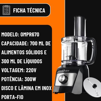 Imagem de Processador de Alimentos Oster Compacto 3 em 1 Potência 300w Laminas em Inox Multifuncional 220v