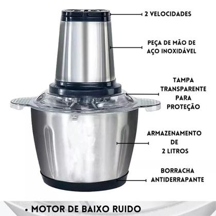 Imagem de Processador Triturador de Alimentos Elétrico Inox 2L 850W 220V Mini Processador e Picador de Carne Legumes e Vegetais Profissional com 4 Lâminas