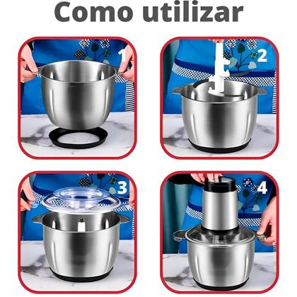 Imagem de Processador Triturador Picador de Alimentos Elétrico 3L Inox Potente 850W Moedor de Carne Legumes Verduras Sementes 220V