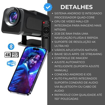 Imagem de Projetor Portátil inteligente Smart 4K Lançamento 2026 Hy320 Android apps Wifi Bluetooth HDMI, Espelha Celular, 150 polegadas, Videos Full HD