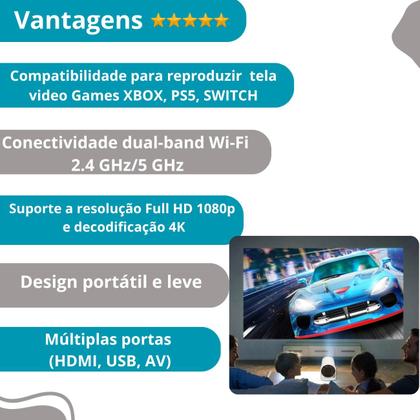 Imagem de Projetor smart 4K HD com conectividade Wi-Fi e alta definição de imagem.