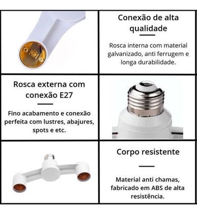 Imagem de Prolongador Adaptador Extensor Bocal Lâmpada E27 - 2 Lâmpadas - 2x1 - 2 em 1 - Duplo