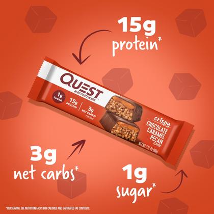 Imagem de Protein Bar Quest Nutrition, chocolate crocante, caramelo e noz-pecã