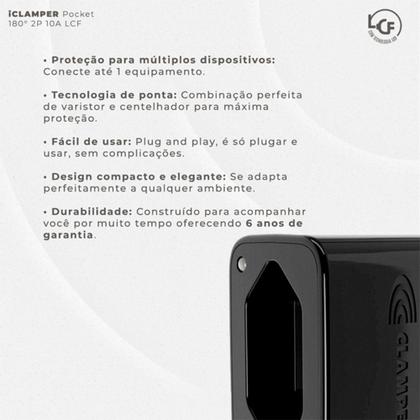 Imagem de Protetor Contra Surtos Elétricos (DPS), 127/220V, 10 Amperes, 1 Tomada, 2 pinos, iCLAMPER Pocket LCF, 2P 10A, Preto - 28509