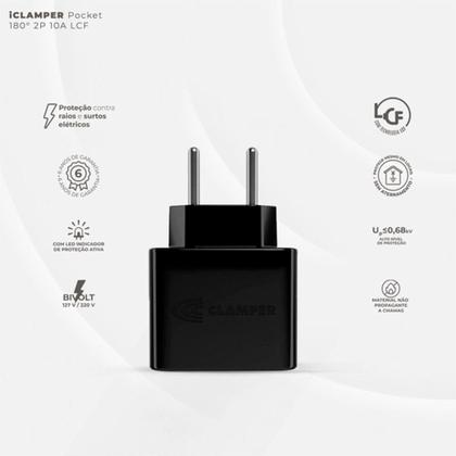 Imagem de Protetor Contra Surtos Elétricos (DPS), 127/220V, 10 Amperes, 1 Tomada, 2 pinos, iCLAMPER Pocket LCF, 2P 10A, Preto - 28509