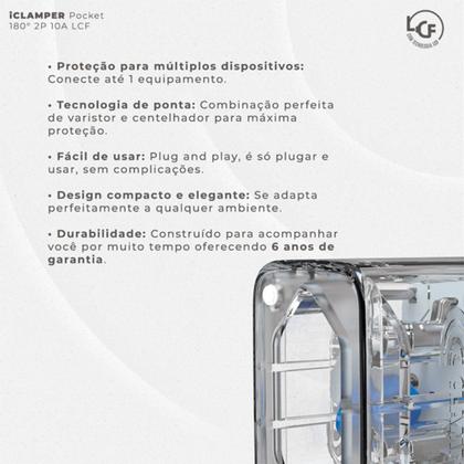 Imagem de Protetor Contra Surtos Elétricos (DPS), 127/220V, 10 Amperes, 1 Tomada, 2 pinos, iCLAMPER Pocket LCF, 2P 10A, Transparente - 28510