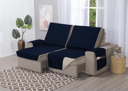 Imagem de Protetor de Sofá Retrátil Capa 3 Lugares 1,80m de Assento Dupla Face Azul Marinho e Bege