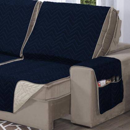 Imagem de Protetor de Sofá Retrátil Capa 3 Lugares 1,80m de Assento Dupla Face Azul Marinho e Bege