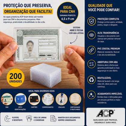 Imagem de Protetor Porta Documento Para CNH Com Aba Kit 200 Unidades Transparente PVC Resistente Flexível ACP