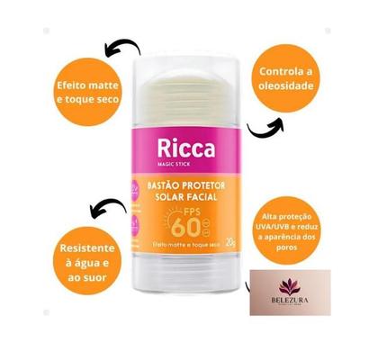 Imagem de Protetor Solar FPS 60 Facial Bastão Ricca Alta Proteção UVA UVB Não Oleoso Rapida Aplicação
