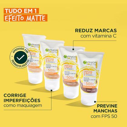 Imagem de Protetor Solar Hidratante Facial Garnier Uniform &amp Matte Vitamina C FPS50 Cor Média 40g