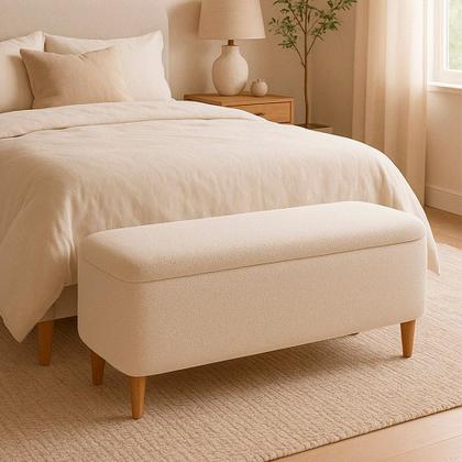 Imagem de Puff Baú Bella 140cm Pés Madeira Bouclé Off White - sallar home