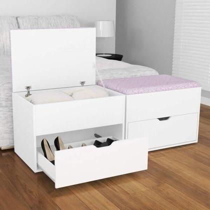 Imagem de Puff Baú com 1 Gaveta - Branco/Tecido Rosa