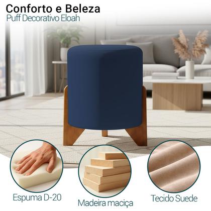 Imagem de Puff Decorativo Eloah Redondo Assento Extra para Sala Quarto Suede Pufe com Pés de Madeira