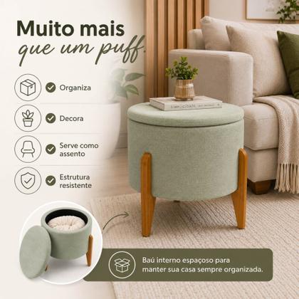 Imagem de Puff Duo com Baú Linho Verde Sálvia W54 Secreto Guarda Abre Confortável 4 Pés Madeira Aparente Natur