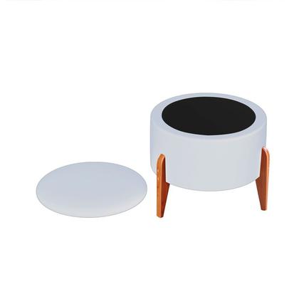 Imagem de Puff Duo com Baú Tecido Sintérico Branco 4 Pés Madeira Aparente Redondo 50cm diâmetro