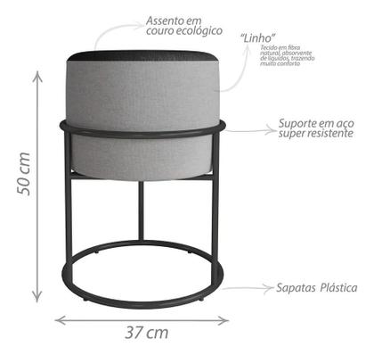 Imagem de Puff Iron Argola Ferro Preto Fosco Banqueta Em Linho Cinza Couro Preto