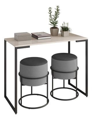 Imagem de Puff Iron Argola Ferro Preto Fosco Banqueta Em Linho Cinza Couro Preto