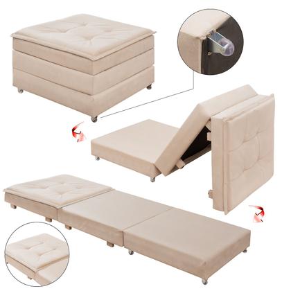 Imagem de Puff Multifuncional Baú Com rodizio Para Sala Que Vira Cama Colchão De Solteiro Dobravel Estofados Bege Decoração