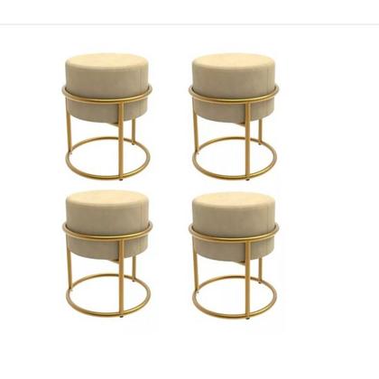 Imagem de Puffs Luxo Estofado Linho Bege com Aço Dourado kit 2 Banqueta Decorativa para Sala Quarto Escritório Penteadeira Elegant